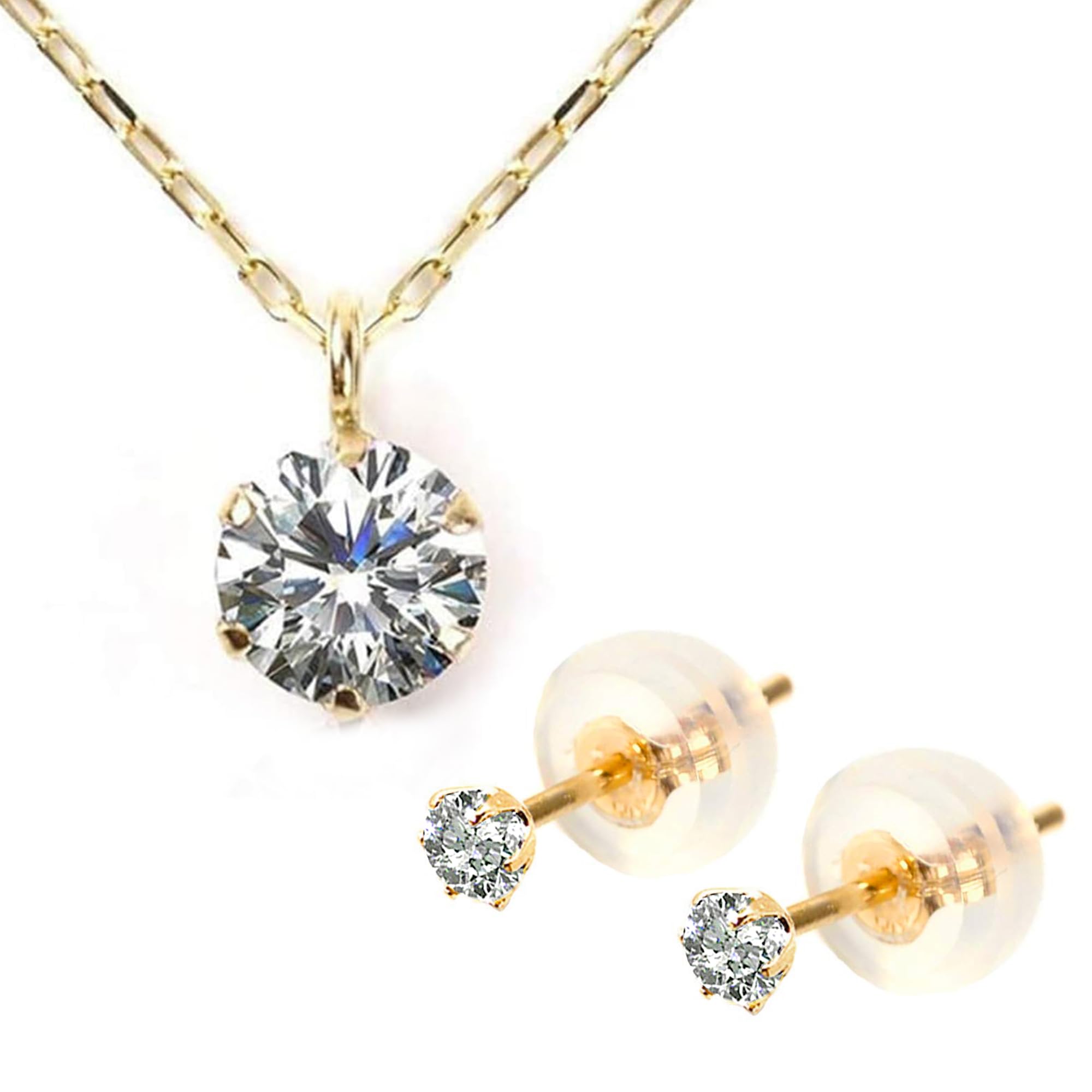 

PLUSTER Necklace Earrings GINGER Single Diamond K10 K18 18K Pink Gold Chain 40cm Box Birthday Present Jewelry Plaster Women s [Gift Set]