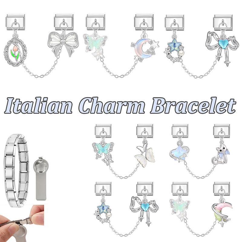 Dreamy Butterfly Moon Star Tulip Tassel Chain Italian Charm Links Fit 9MM Stainless Steel Bracelet Women DIY Making Jewelry