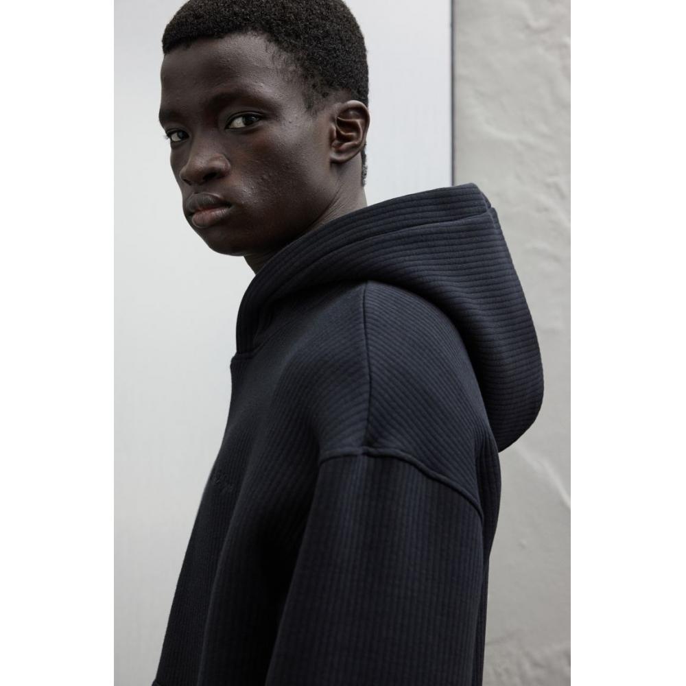 H M Ribbed Hoodie Loose Fit Black