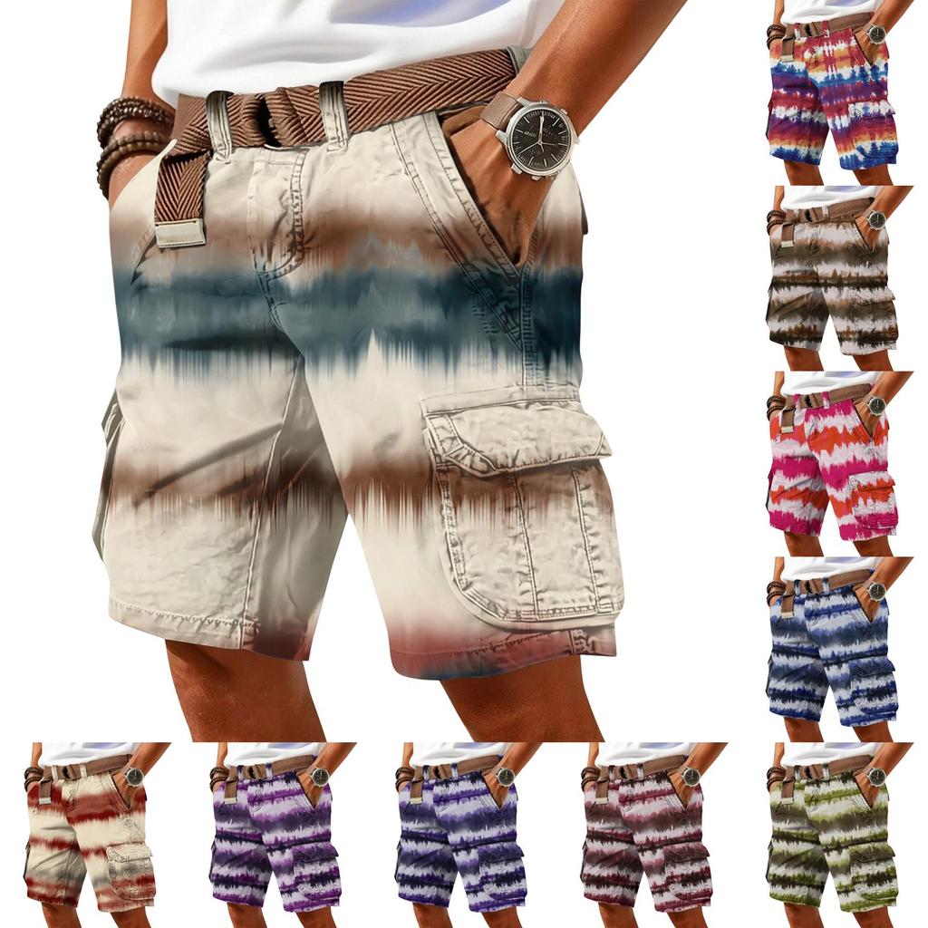 Men's casual trendy colorful printed shorts - Men's multi-pocket workwear sports shorts (without waistband)