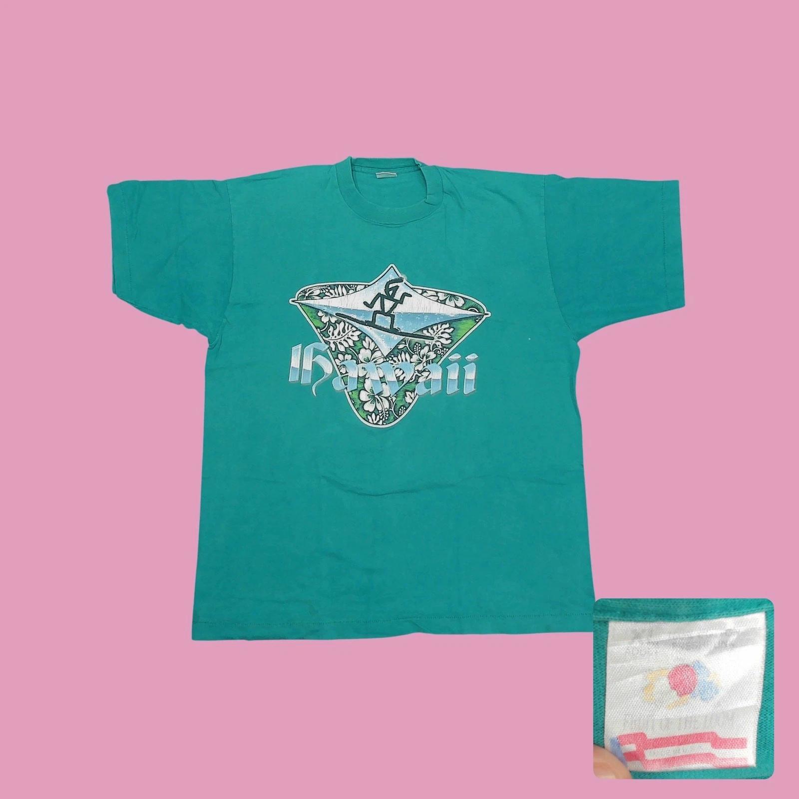

Vintage 90s Hawaii Surf Stick Figure Old English Single Stitch Teal T Shirt XL L