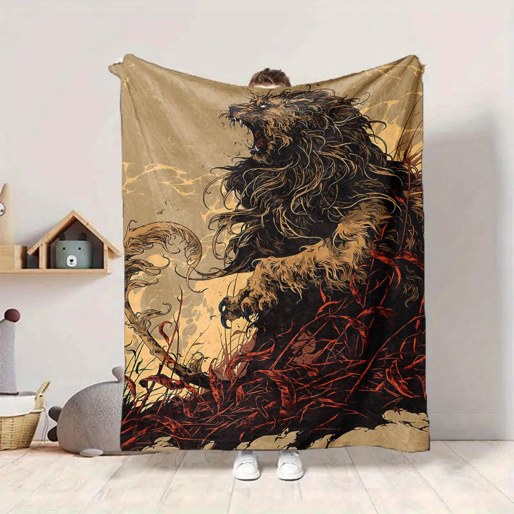 1pc Lion Wilderness Blanket, Lightweight Flannel Throw Blanket For Sofa, Bed, Travel, Camping, Living Room, Office, Couch, Chair, And Bed