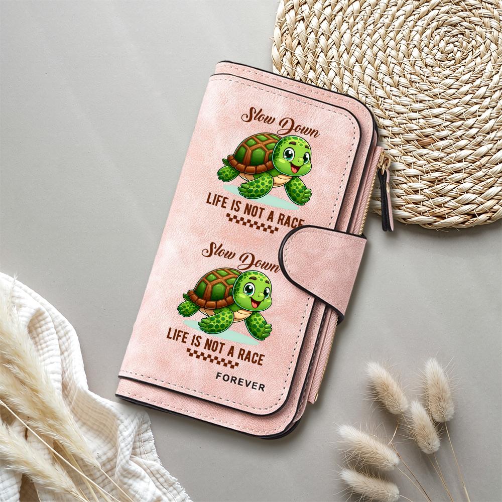 Cute Turtle Printed Leather Wallet Slow Down Life Motto Casual Daily Credit Card Holder Portable Fashion Women Purse