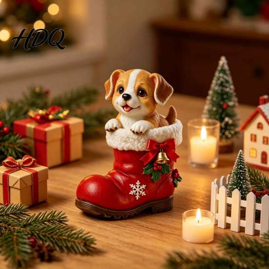 New Year Party Decorations Christmas Puppy in Santa Boot Resin Figurine Cute Dog Holiday Tabletop