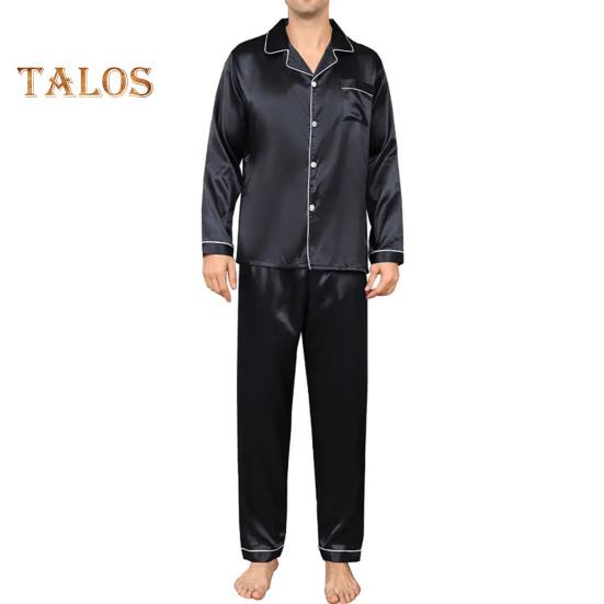 2-teiliges Pyjama-Set für Herren aus Seidensatin mit Knopfleiste, langärmeligem Pyjama-Oberteil mit Reverskragen, vorderer Knopfleiste, Brusttasche, lange Hose, Nachtwäsche