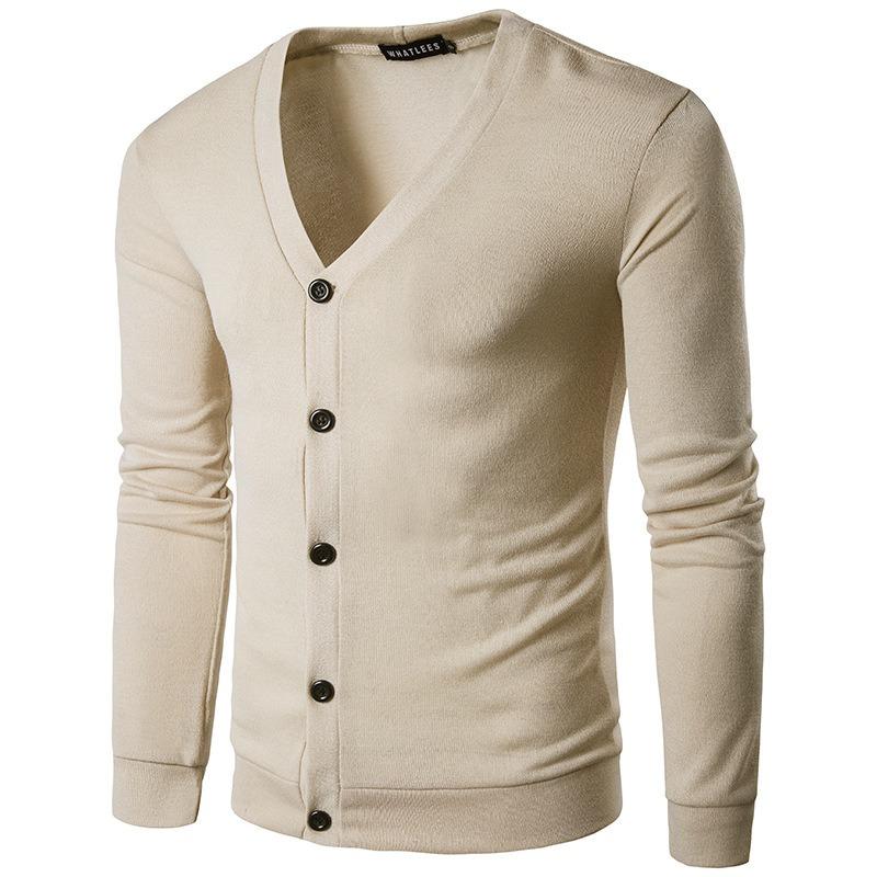 Mens Solid Color V Neck Long Sleeve Casual Knit Cardigan Sweater