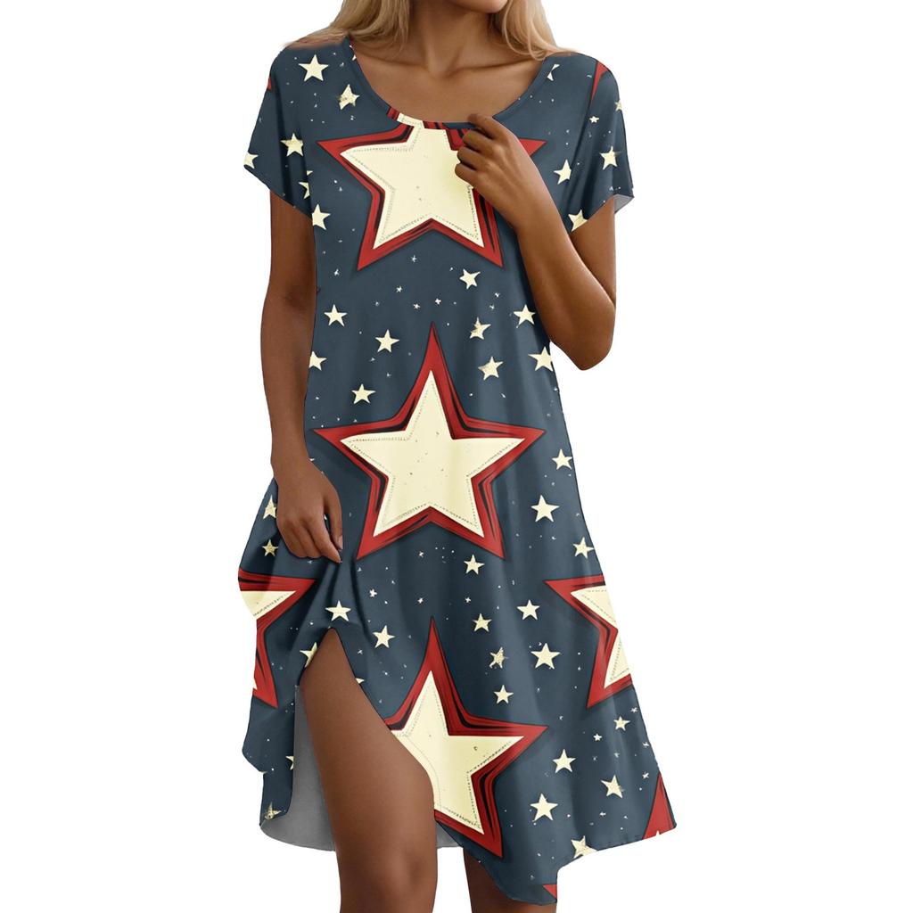 Short Sleeve Boho Dress For Women Casual Loose Fit Summer Sundress Print Dress With Pockets