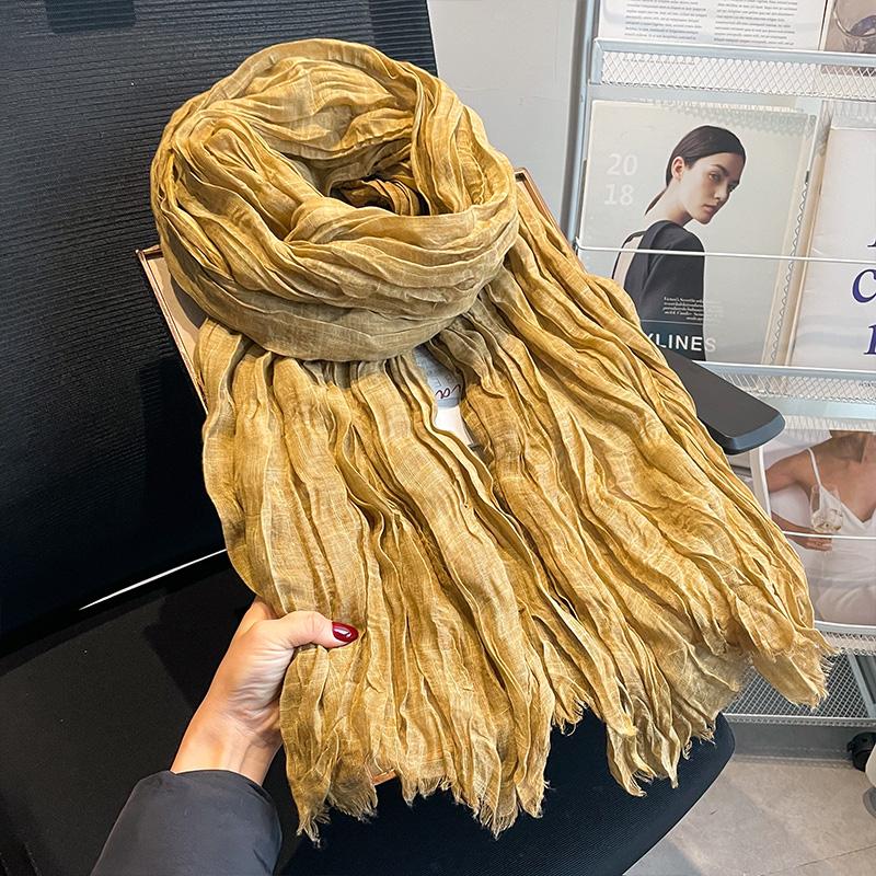 Japanese pleated solid color spring and autumn cotton and linen scarf silk scarf women's literary summer shawl Korean version scarf yarn versatile