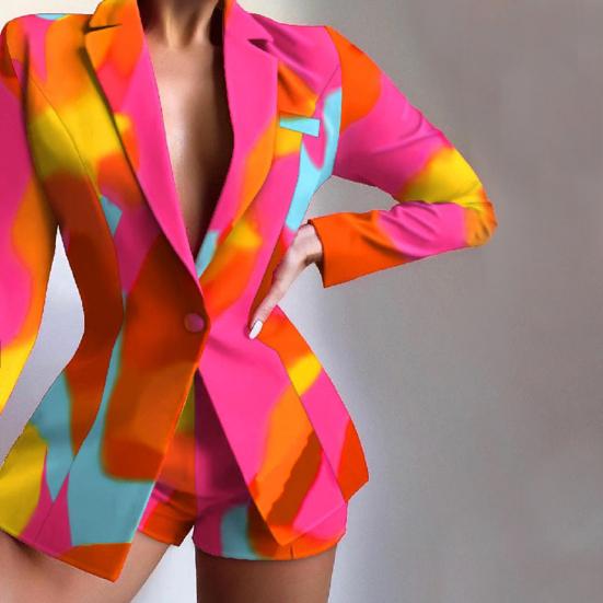 2 Pcs/Set Women Blazer Shorts Set Long Sleeves Slim Fit Elegant Deep V Neck Wash-and-wear Leopard Print