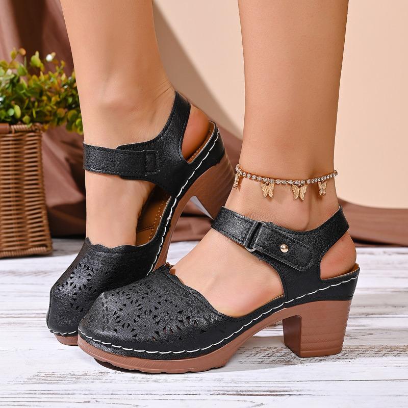 Cross-border Foreign Trade Large Size Baotou Sandals Women's 2026 New Summer Block Heel Hollow Light High Heel Women's Sandals