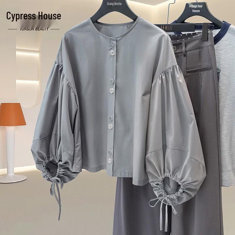 Women s Loose Fit Round Neck Long Sleeve Button-Up Shirt L