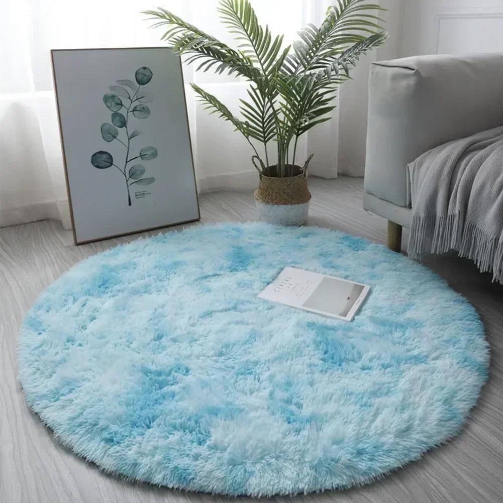 

Colorful Circle Round Floor Mat Sitting Room Bathroom Carpet Decorative Cushion Plush Carpet Long Skin Fur Plain Area Rug 40CM синій