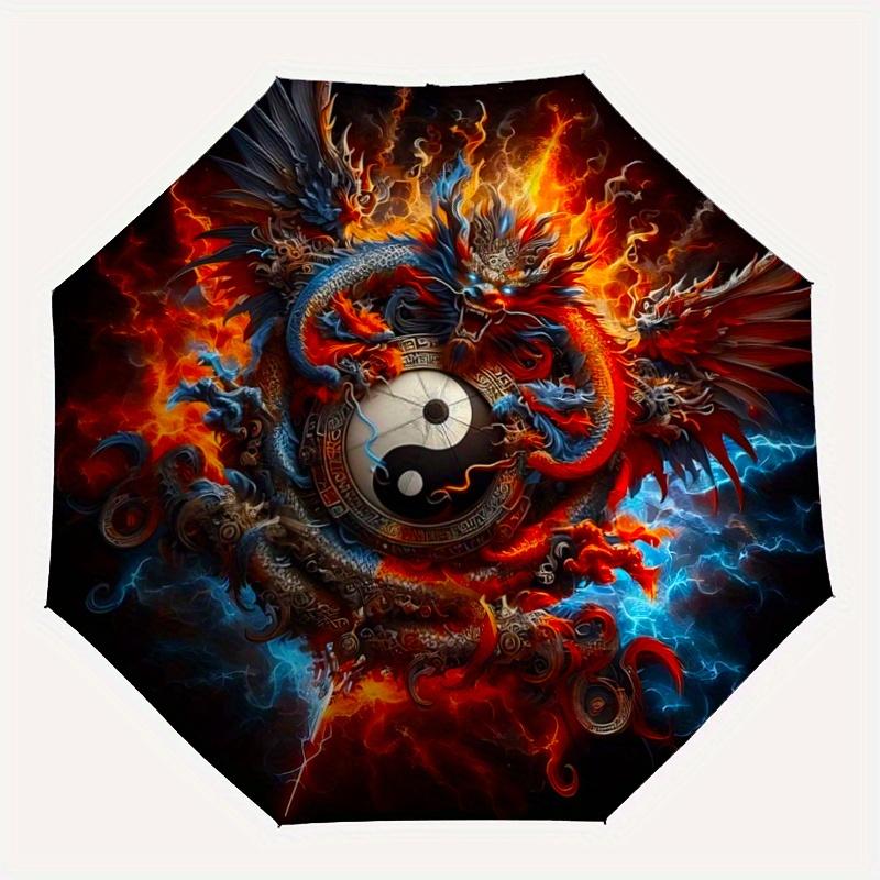 1pc Flaming Dragon Yin Yang Pattern Automatic, 8 Iron Frames, High-Value Folding Umbrella, Suitable for Office, Travel and Outdoor Adventure.W045