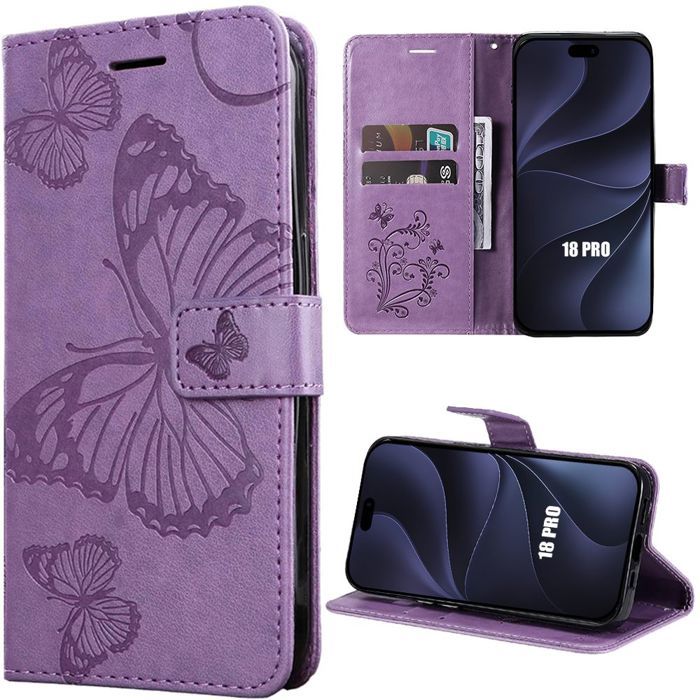 Coque pour iPhone 18 Pro, Flip Case Cuir Synthétique Antichoc Anti-Rayures Motif Papillon Violet