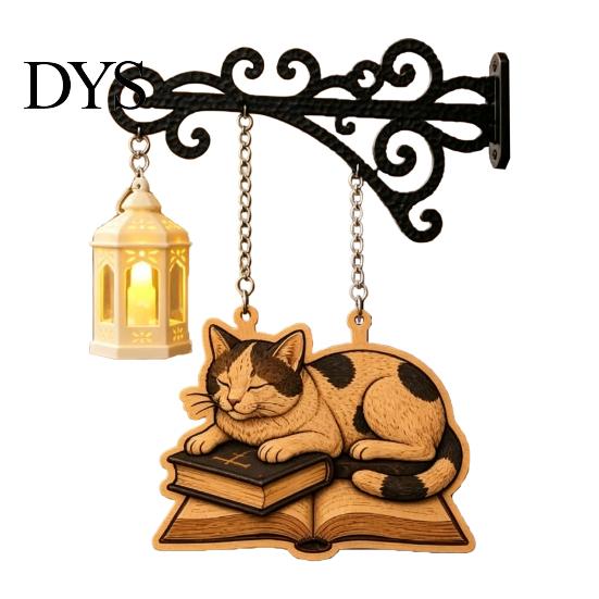 Cat Decor for Book Lovers Vintage Bookshelf Light with Sleeping on Design, Retro Lantern Unique Craft Gifts Students Lamp Reading, Decorative