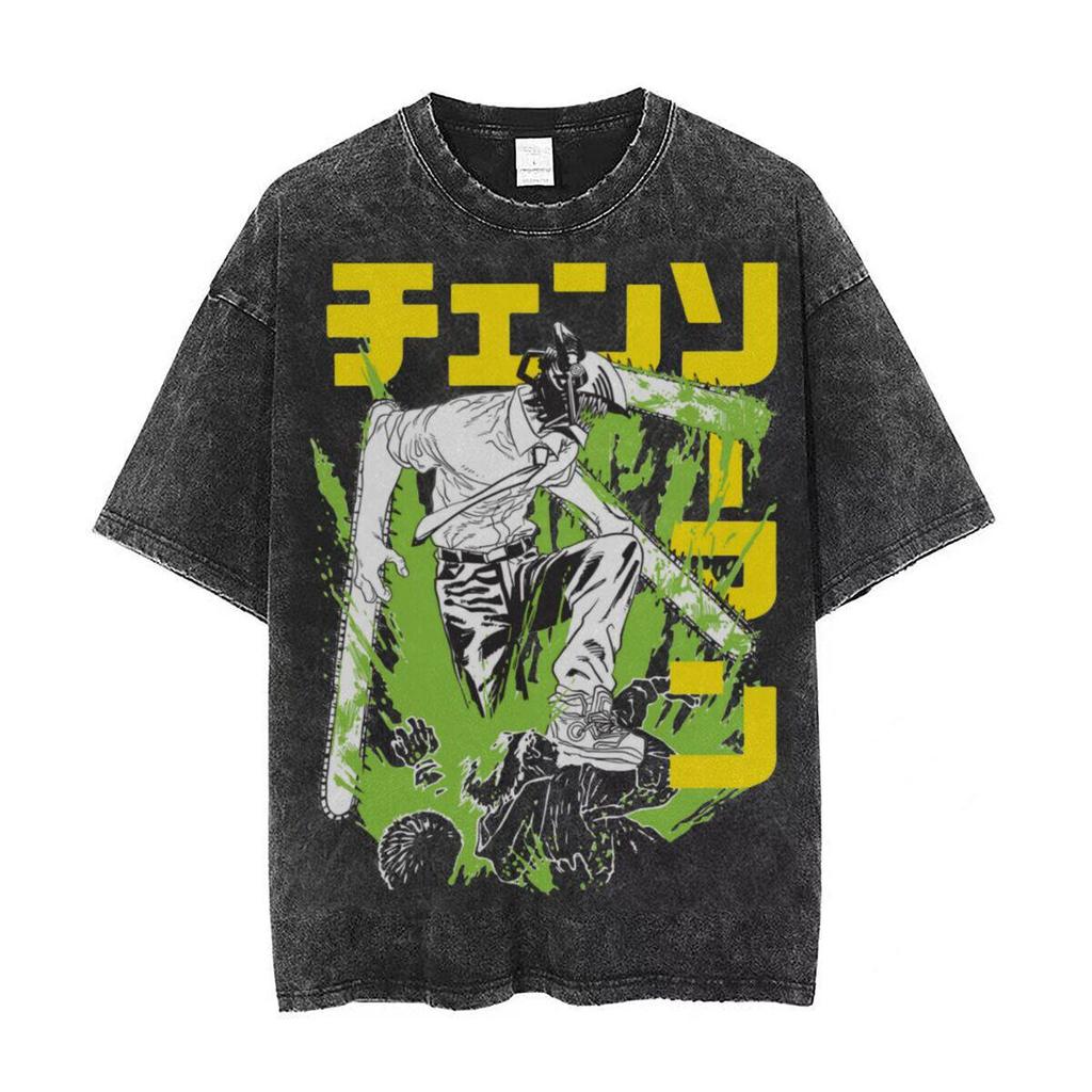 Kettensägenmann Denji Kettensägenform Bedrucktes T-Shirt für Herren und Damen Gewaschenes T-Shirt Hohe Qualität Vintage T-Shirt Harajuku Oberteile