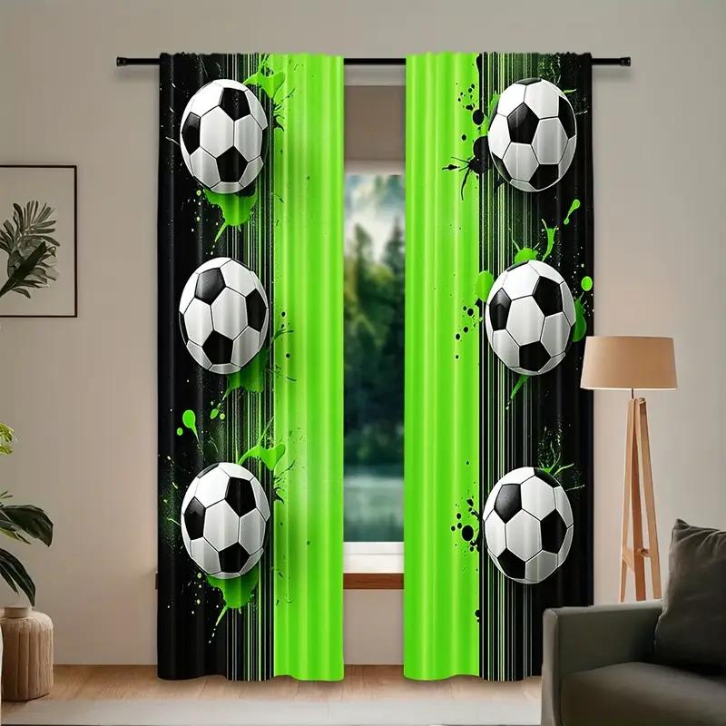 Set Of 2 Sporty Soccer Ball Printed Curtains Designed Quality Material Ideal Sports Enthusiast Home Windo Curtain With Semi Sheer Polyester