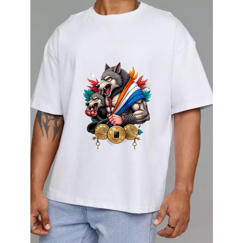 White T Shirt with Wolf and Coins Graphic Design for Casual Wear