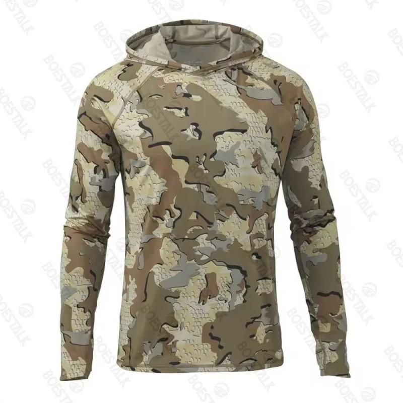 Mens Camo Hooded Fishing Outfit Quick-Dry Breathable UV Protection Outdoor Camping Hiking Sportswear