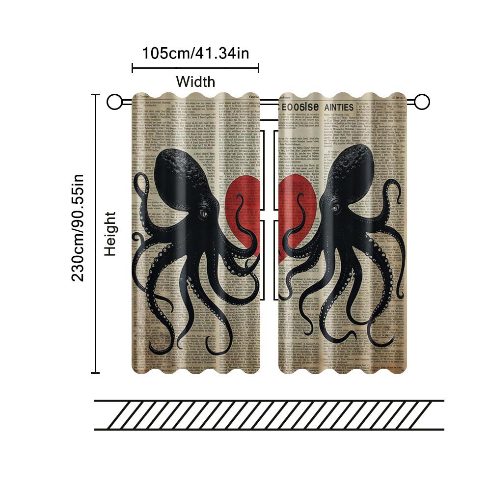 2 Pcs, Filtering Curtains (excluding Rods, Non-movable, Without Batteries) Charming Octopus Couple with Red