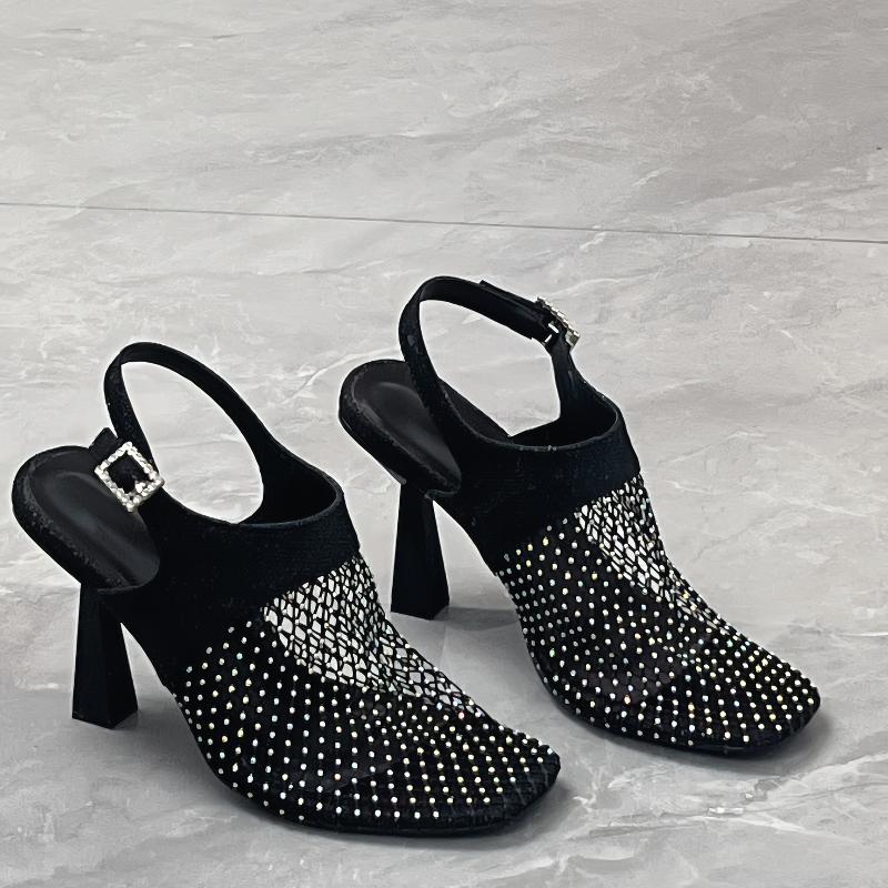 Baotou Sandals Summer New Square Head Deep Mouth Sequin Mesh Metal Buckle A Line with Anti-slip Wear-resistant High Heels