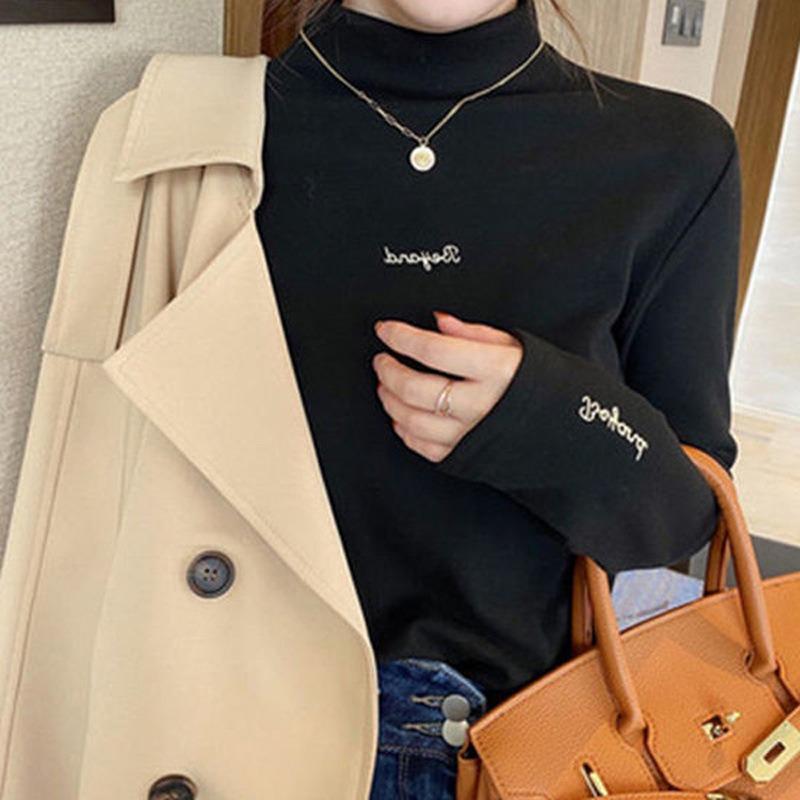 German velvet semi-turtleneck bottoming shirt for women's autumn and winter velvet slim-fitting and thin inner top long-sleeved shirt