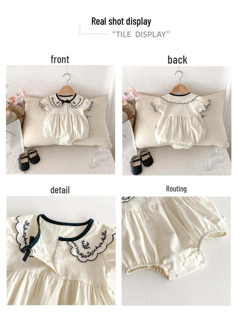 Embroidered Summer Romper with Turn-Down Collar and Bow for Newborn Girls