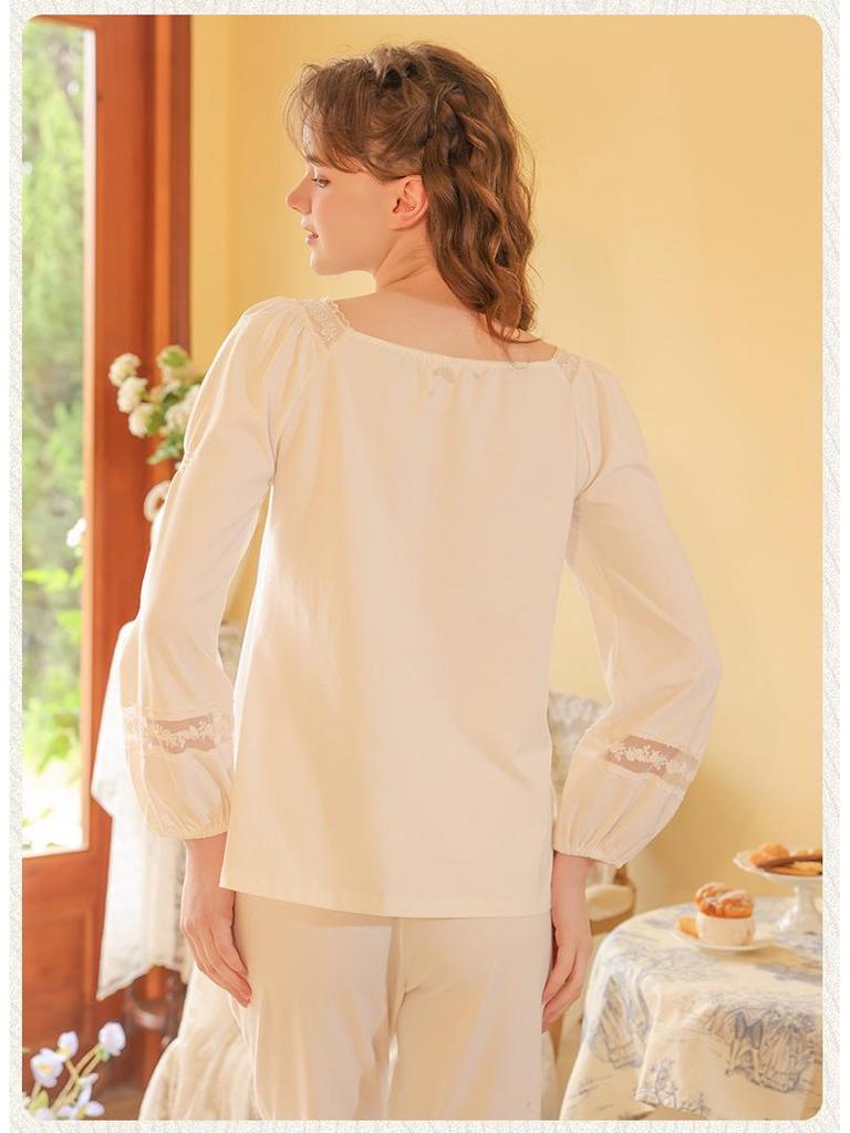 Women's Embroidered Lace Cotton Pajamas - Long Sleeve French Court Style for Spring and Autumn