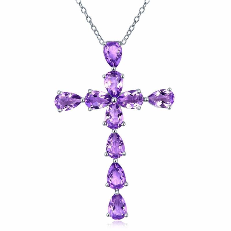BELLA BOX Women's Collarbone Necklace With 925 Silver Plated Natural Colored Gemstone Cross Pendant With Amethyst