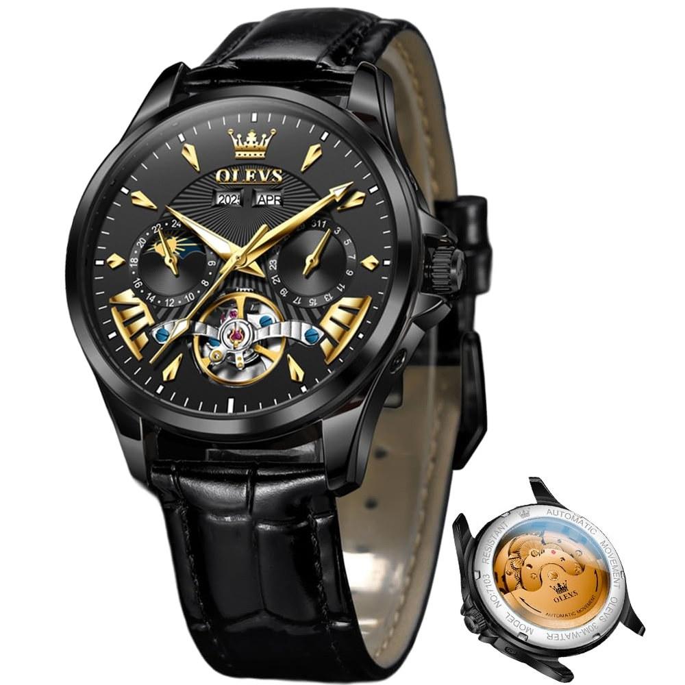 OLEVS Automatic Men’s Wristwatch Multi-Calendar Moon Phase 3 ATM Waterproof Business Classic Luxury Black-A Dial Retro
