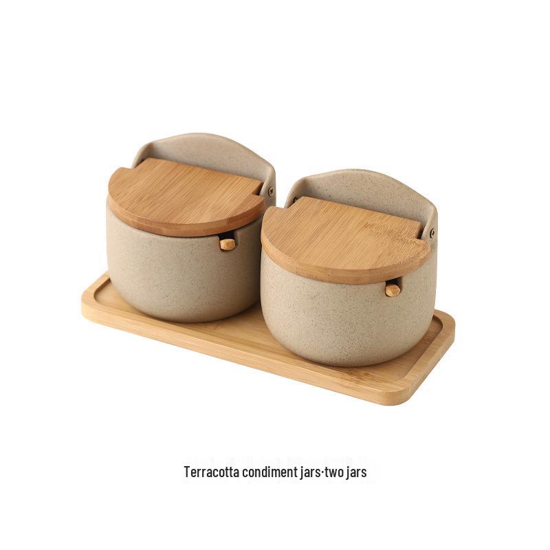 Japanese Ceramic Seasoning Jar Set with Bamboo Lids - Home & Restaurant Use