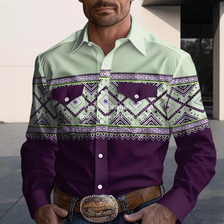 Western Style Long Sleeve Shirt, Ethnic Pattern, Casual Fashion for Men