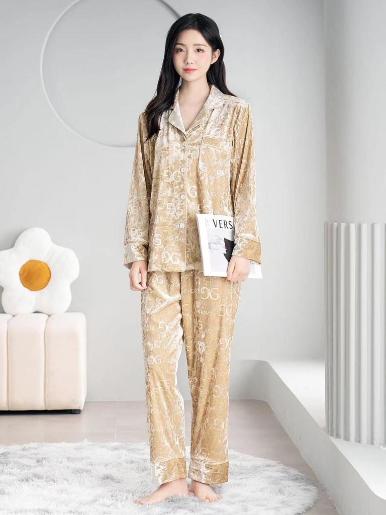 Da Vinci Code Samtpyjama: Goldener Diamant Langarm & Hose, Buchstaben-G-Design, Lockere Passform für Paare, Herren-Set – Herbst/Winter.