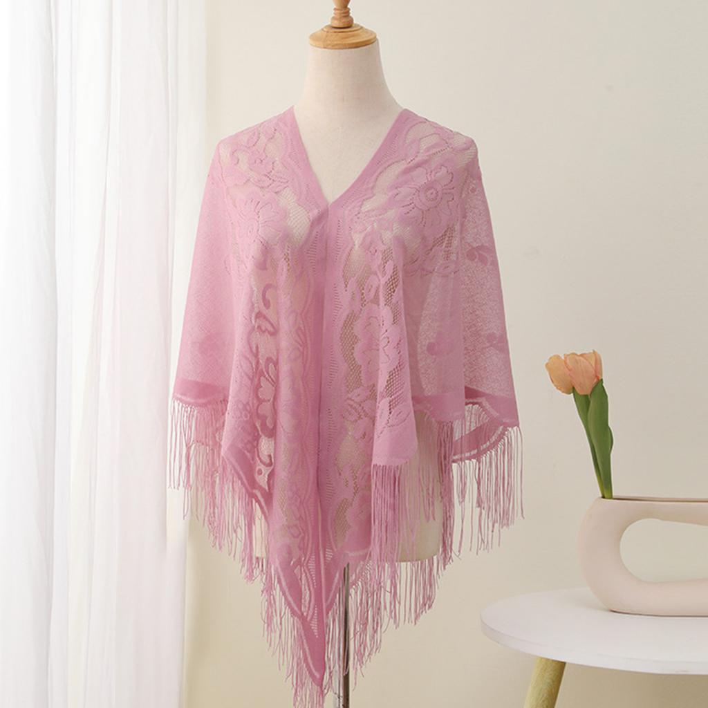 Elegant Lace Fringed Shawl Breathable Hollowout Designs Shoulder Wrap Perfect for Spring and Outdoor Activity Fashion