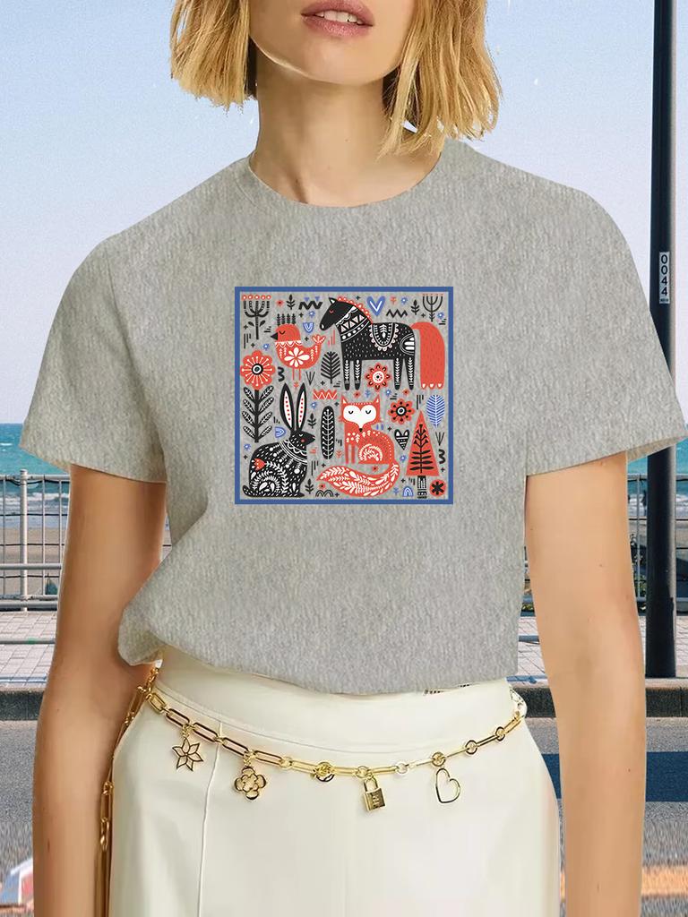 Damen Hot Sale Baumwolle Wald und Pferd Bedrucktes T-Shirt Mode Übergröße Lässige Oberteile Sommer Locker Harajuku Kleidung