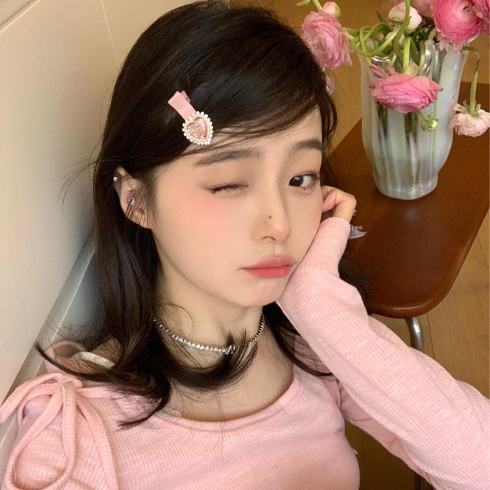 

Korean sweet pink love rhinestone side bangs hair clip accessories forehead broken hair duck bill clip hairpin accessories