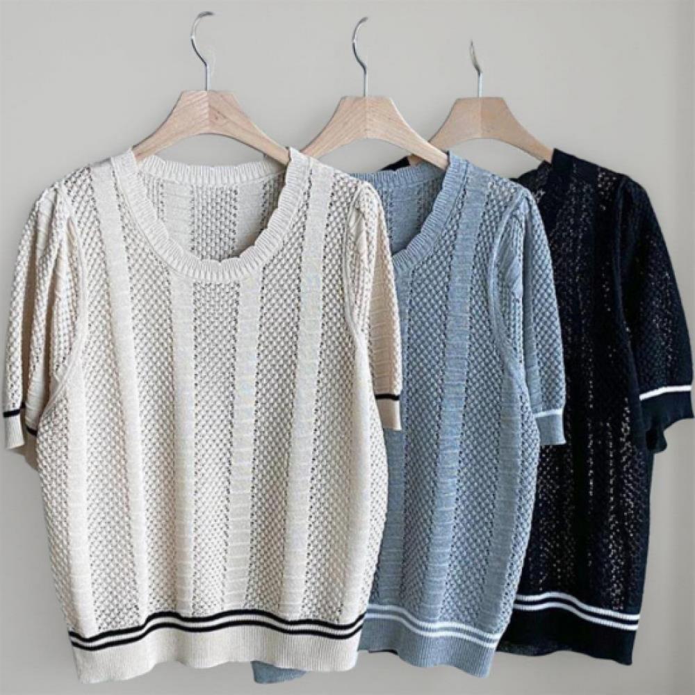 New Arrivals Open Run Women Viscose Punching Color Block Round Neck Short Sleeve