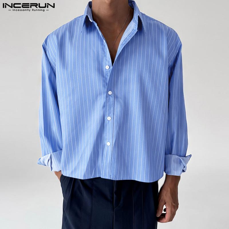 INCERUN Plus Size Men Spring Turn Down Collar Long Sleeve Striped Shirts Casual Tops