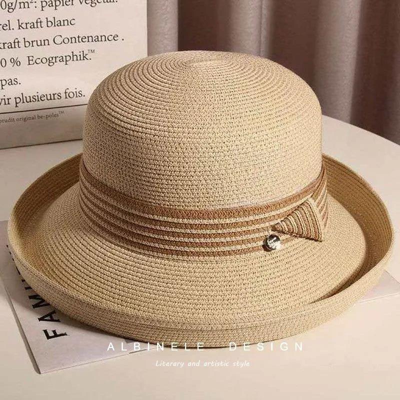 

WTEMPO Элегантные повседневные складные летние соломенные шляпы женские полосатые широкополые однотонные солнцезащитные шляпы для улицы 1pc абрикосовый