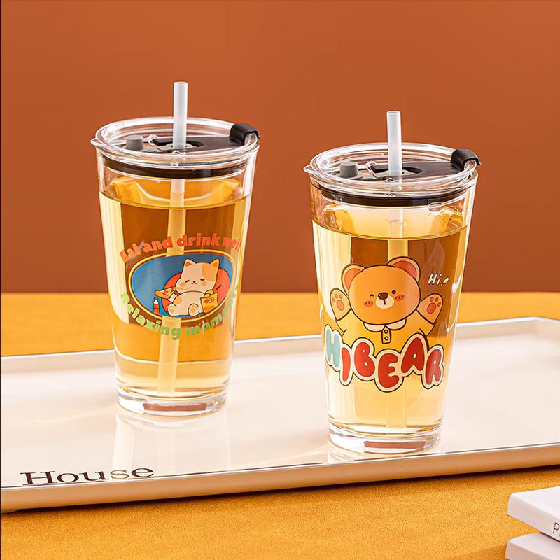 LoveWish Cartoon Glass Milk Straw Cup 440ml
