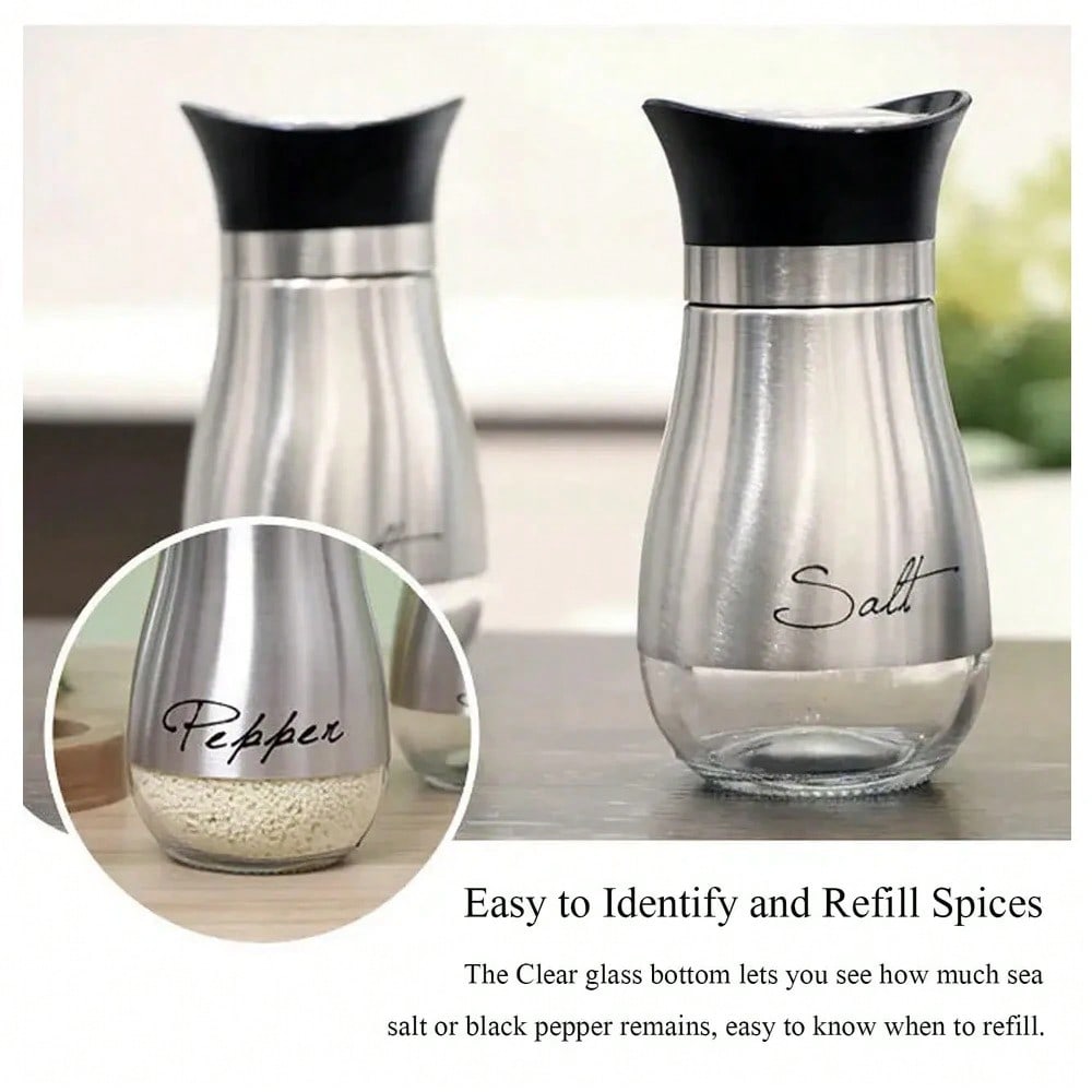1 Salt/Pepper Shaker 4 Oz Glass Bottom Salt Stainless Steel Lid Kitchen Gadgets Cooking Table Camping BBQ Refillable Design Gift