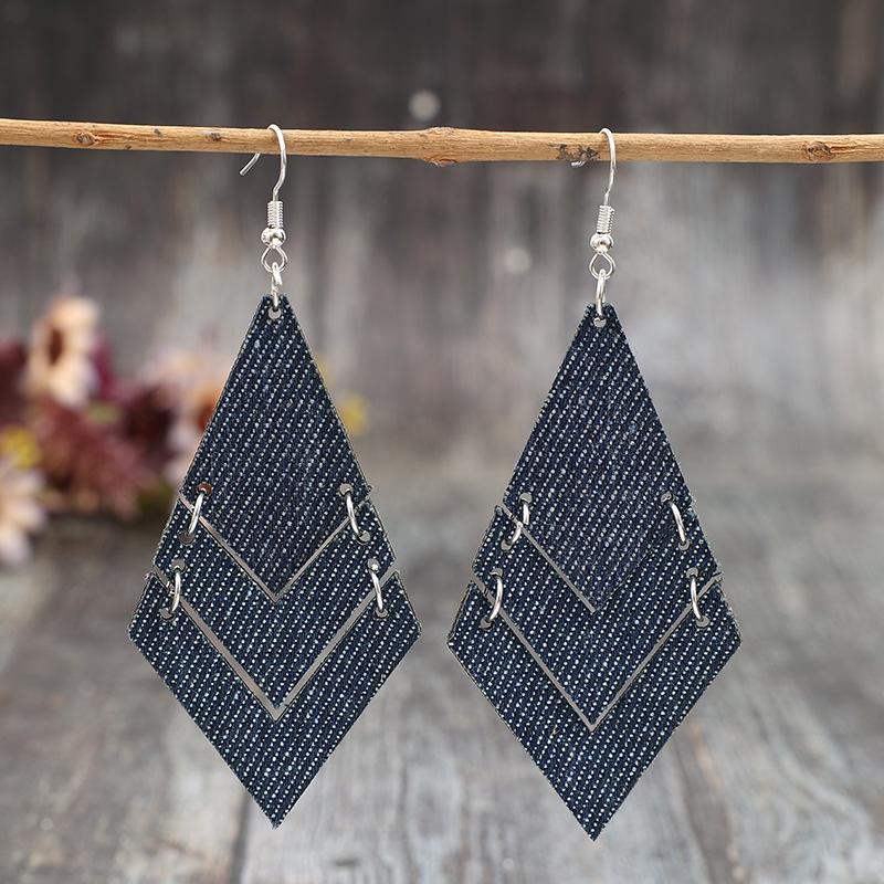Amazon Denim Style Geometric Stitching Multi-layer Pu Leather Women s Earrings