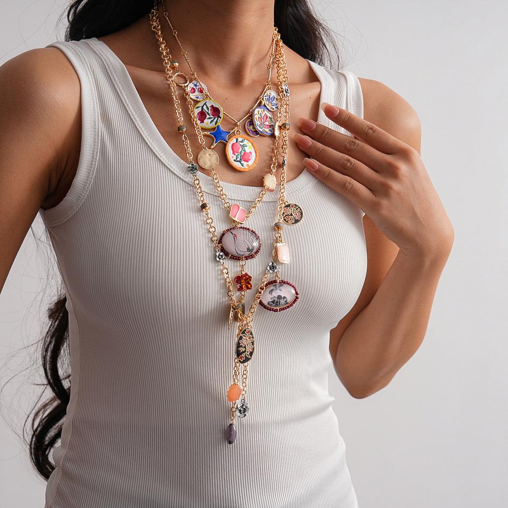 Two-piece Set of Exaggerated Round Oval Resin Stone Glass Fringed Necklace Multi-layer Necklace