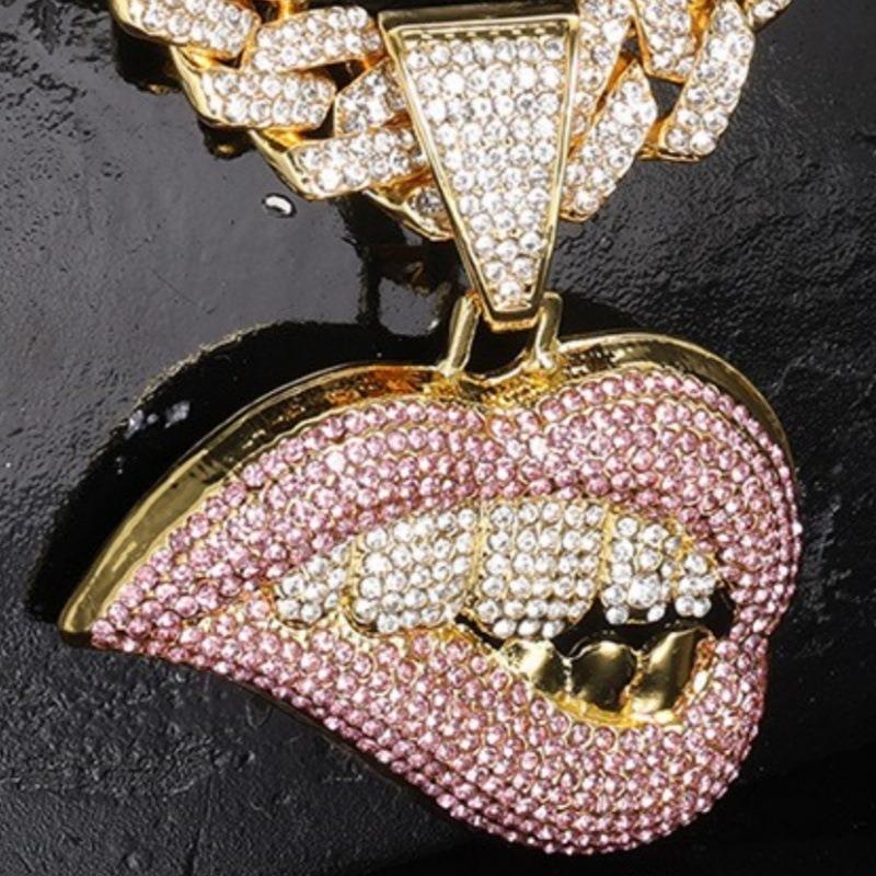 Meier Sexy biting lip hip hop necklace pink diamond cuban chain necklace pendant