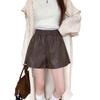 Women's High Waist PU Leather Shorts - Autumn 2024, Mylar Style, Slimming Drawstring, Versatile Wide-Leg Casual Wear