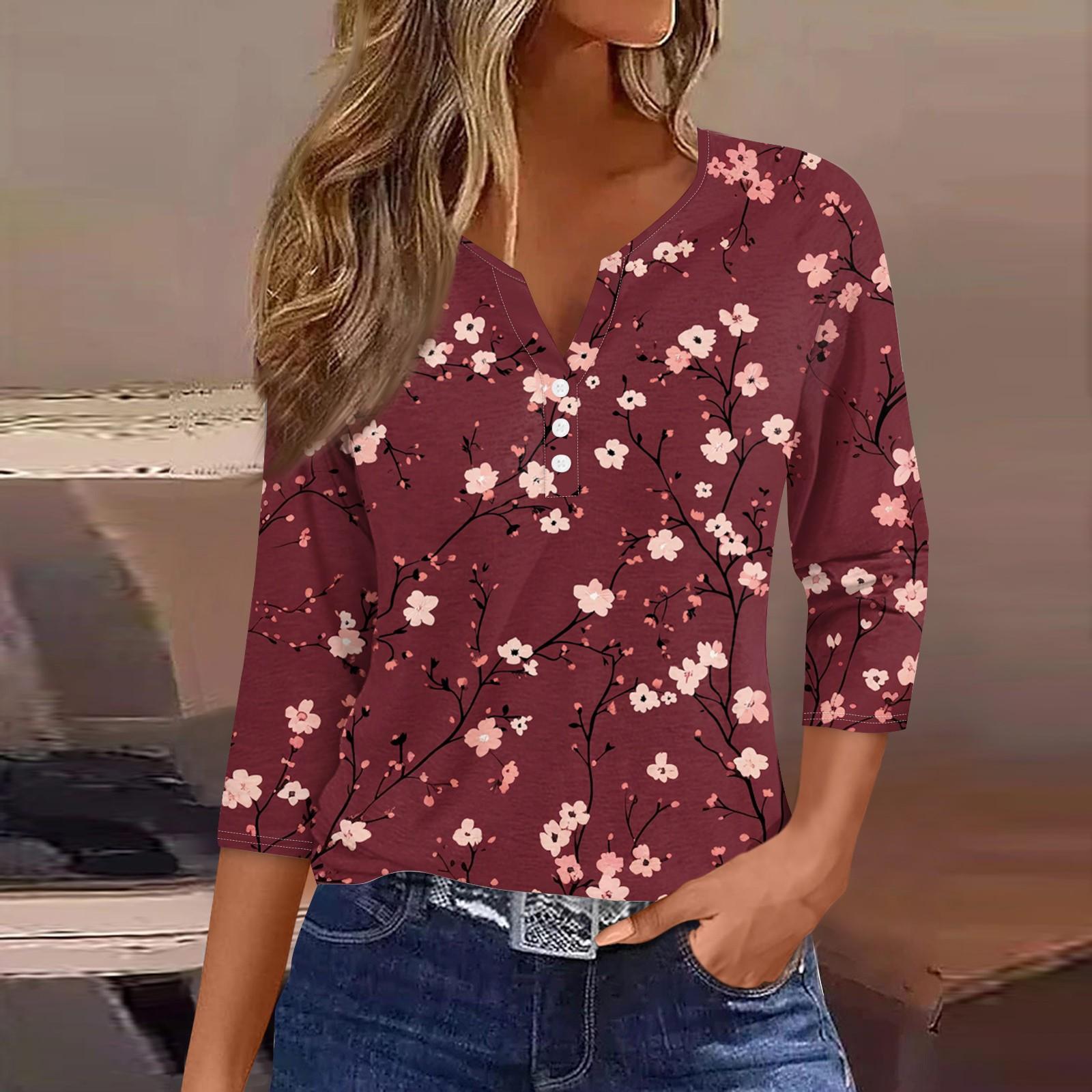 

Женская модная повседневная футболка с цветочным принтом, V-образным вырезом, декоративными пуговицами и рукавом три четверти XXXL