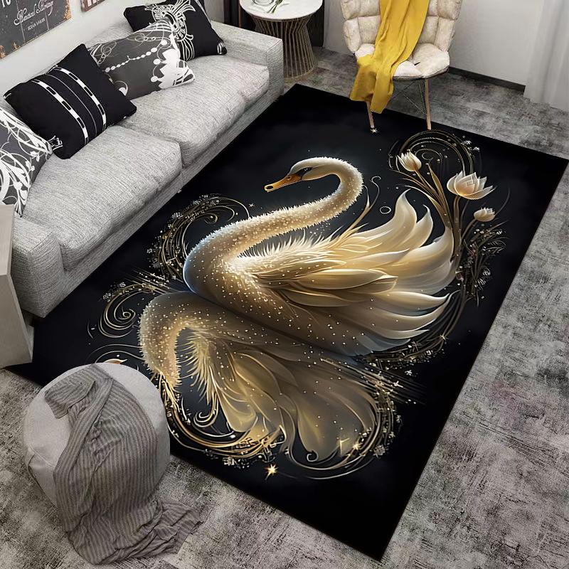 Elegant Swan Design Black and Gold Carpet with Floral Accents Suitable for use as an anti-slip for living room bedroom sofas