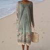 Women's Fashion Casual Long Sleeve Retro Floral Print Round Neck Pocket Elegant Temperament Dress
