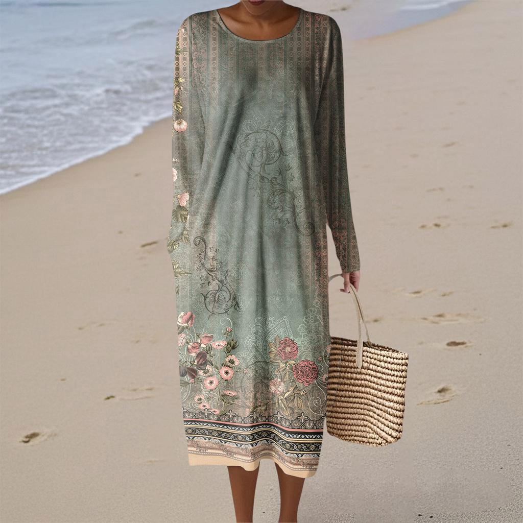 Women's Fashion Casual Long Sleeve Retro Floral Print Round Neck Pocket Elegant Temperament Dress