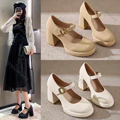 Fashion Comemore Chaussures à Talons Hauts pour Femmes Grande Taille Talon Carré Chaussures Mary Jane Tempérament Bouche Peu Profonde Escarpins Printemps Automne pour Femmes